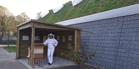 Beekeeper at bee hotel outside of the AUAS Sports and Food Campus